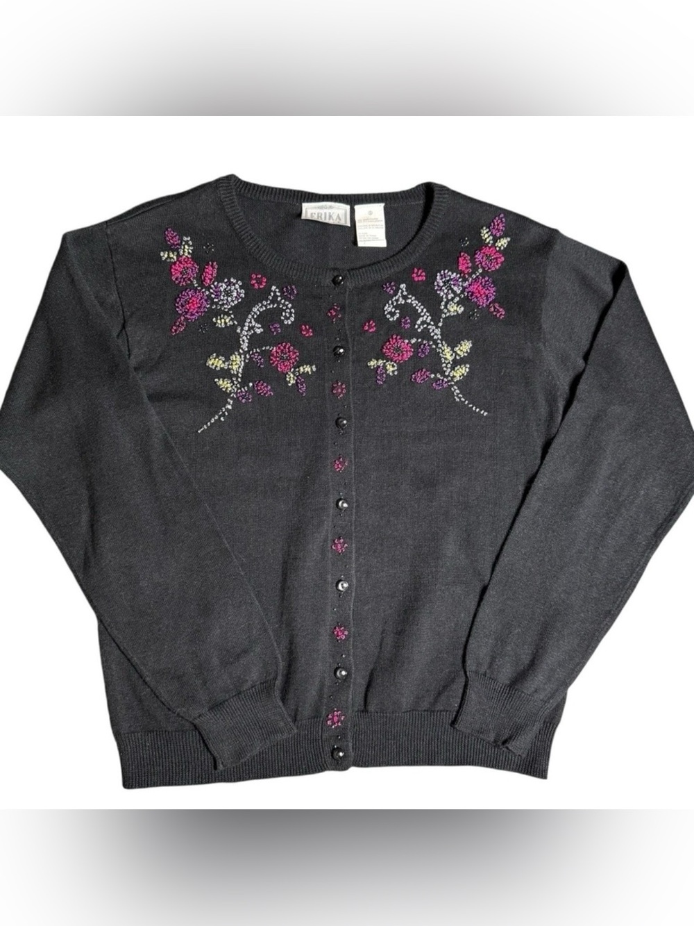 Erika Studio Womens Small Floral Embroidered Beaded Cardigan Black Ramie Cotton